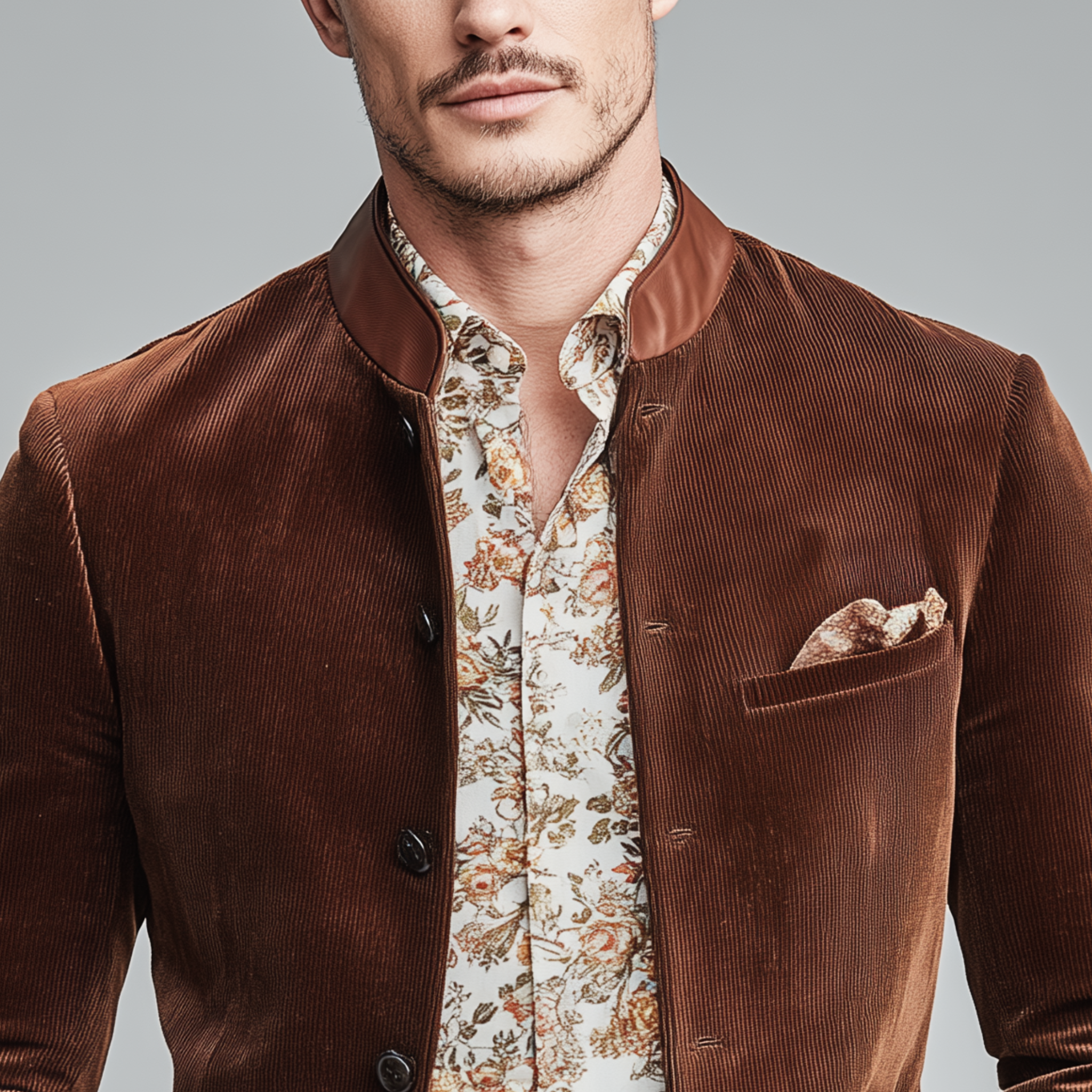 Men's Classic Casual Stand-up Collar Stitching PU Leather Slim Corduroy Jacket MTA1712I1K