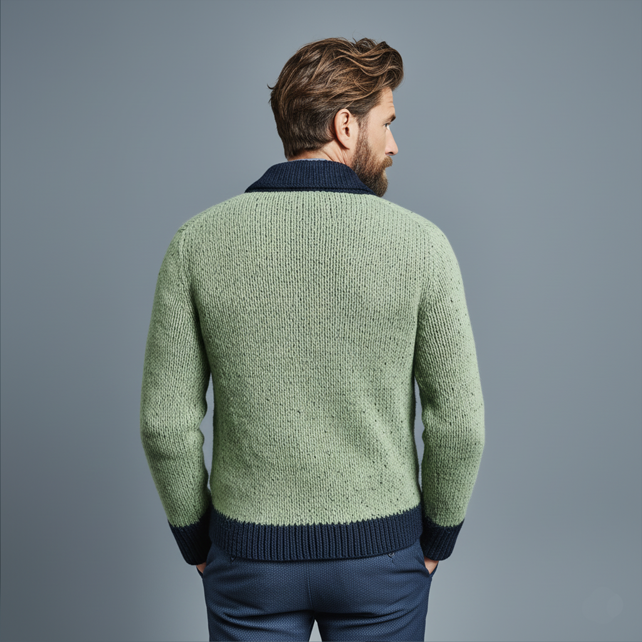 Men's Classic Casual Lapel Green And Navy Blue Knitted Cardigan MTA2669I3K