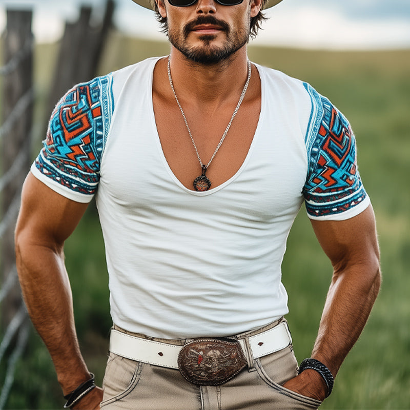 Men'S Deep V Neck Printed Short Sleeve T-Shirt MTA1250E0U