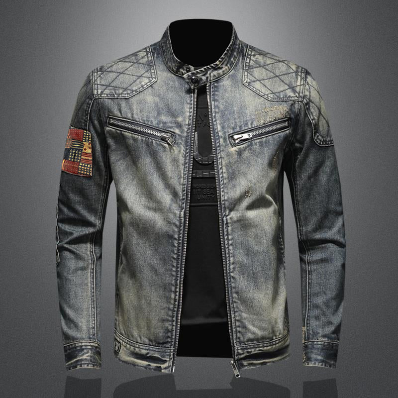 Men's Vintage Stand Collar Zippered Motorcycle Denim Jacket 20754326M