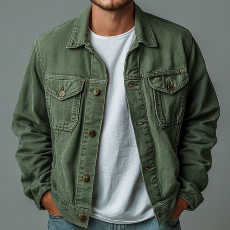 Men's Casual Outdoor Denim Washed Lapel Single-Breasted Loose Jacket MTA0610E2M