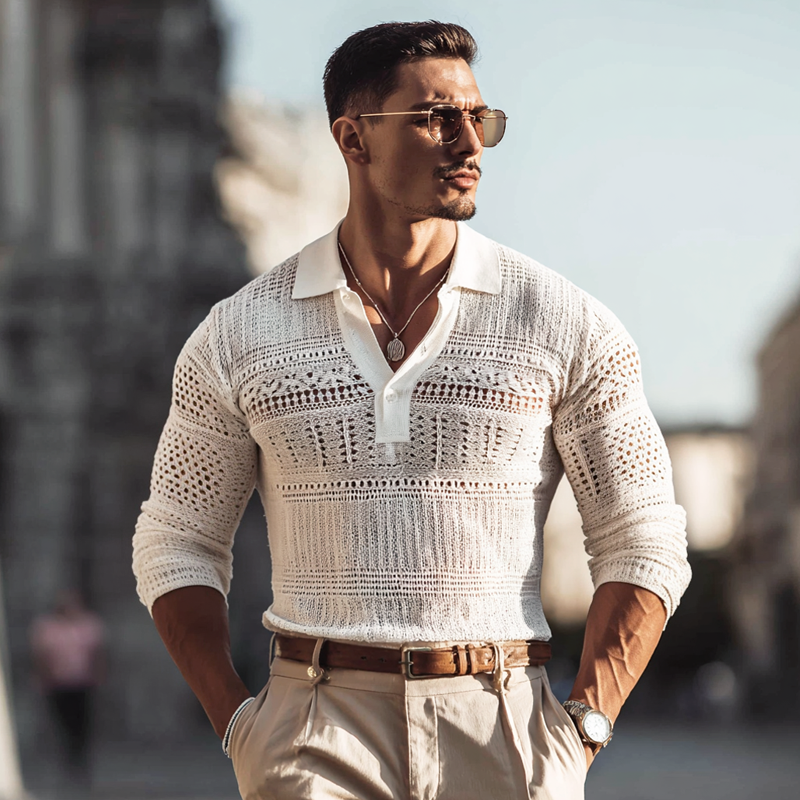 Men's Solid Hollow Out Knit Lapel Long Sleeve Polo Shirt MTA1123H7Z