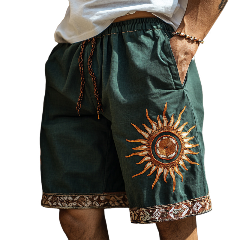 Men's Retro Ethnic Style Sun Embroidery Casual Linen Shorts 05475823TO