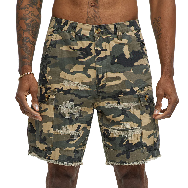 Men's Spring And Summer Classic Casual Camouflage Cotton Blended Raw Edge Multi-Pocket Cargo Shorts MTA0923G7K