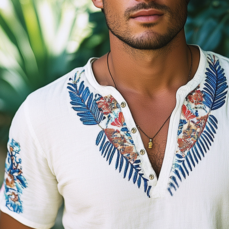 Men's Summer V-Neck Exquisite Embroidery Short Sleeve T-Shirt MTA1037E6U