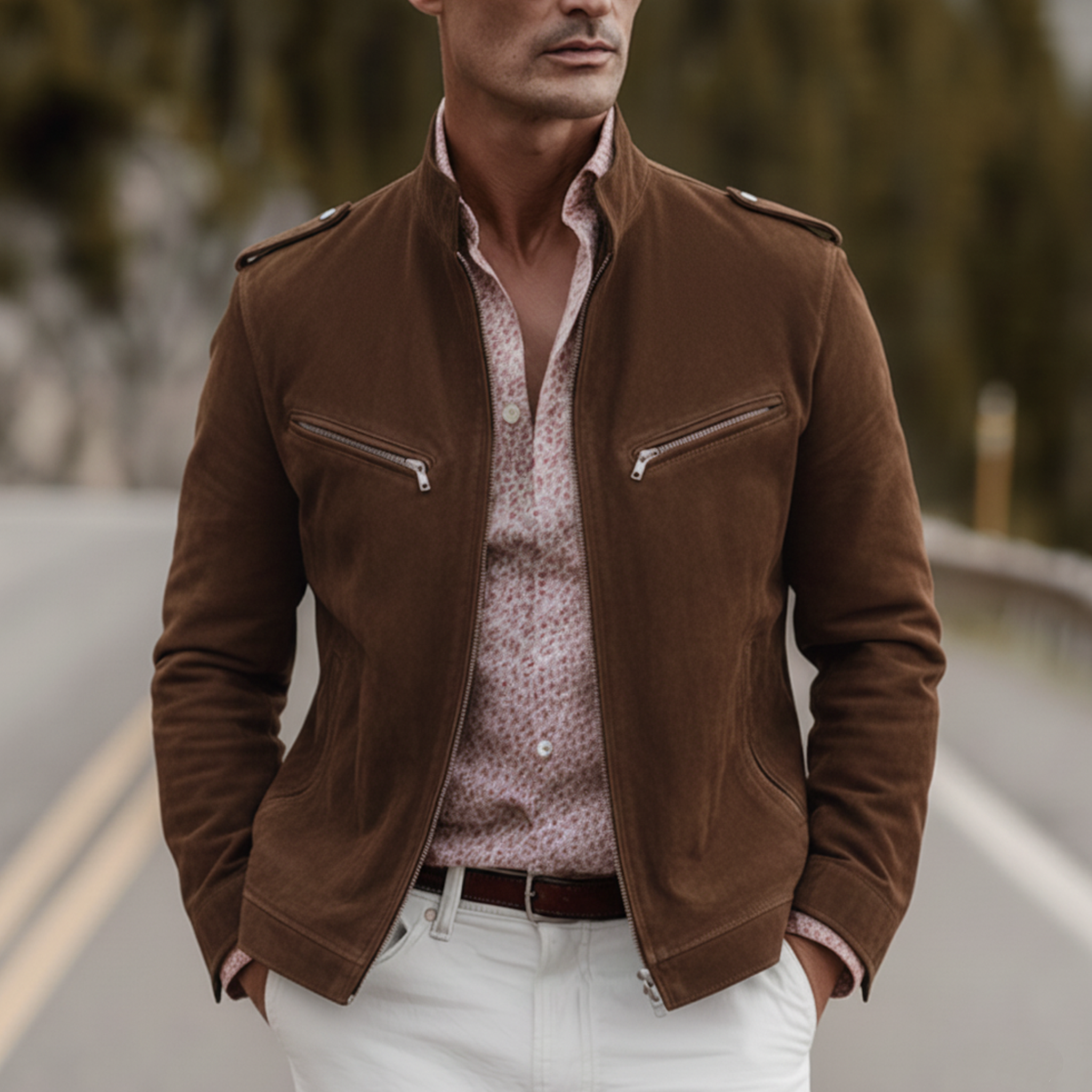 Men's Classic Retro Stand-up Collar Epaulette Multi-pocket Faux Suede Jacket MTA0126K4K