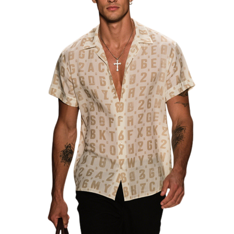 Men's Retro Casual Letter Mesh Printed Lapel Short Sleeve Shirt MTA2949E0TO