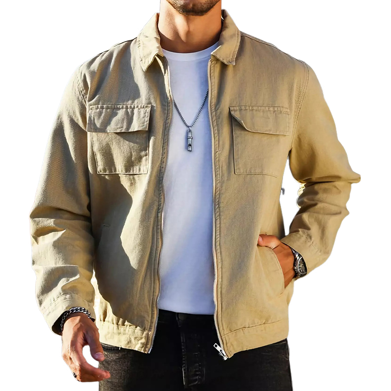 Men's Vintage Khaki Solid Zip-Up Jacket 60356700U