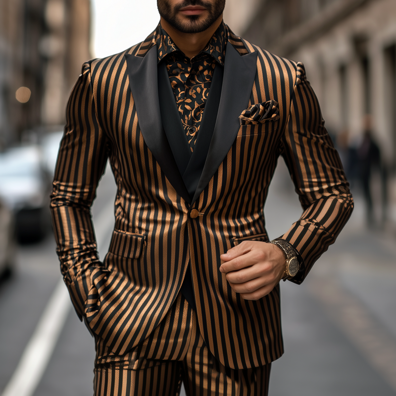 Men's Vintage Fashion Contrast Color Satin Stripe Patchwork Peak Lapel Single-breasted Slim Fit Blazer MTA3087G9M