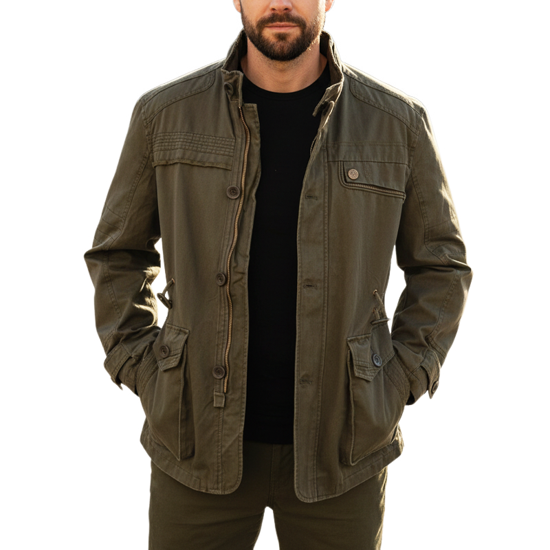 Men's Vintage Army Green Washed Cotton Stand-up Collar Jacket MTA2282I9U