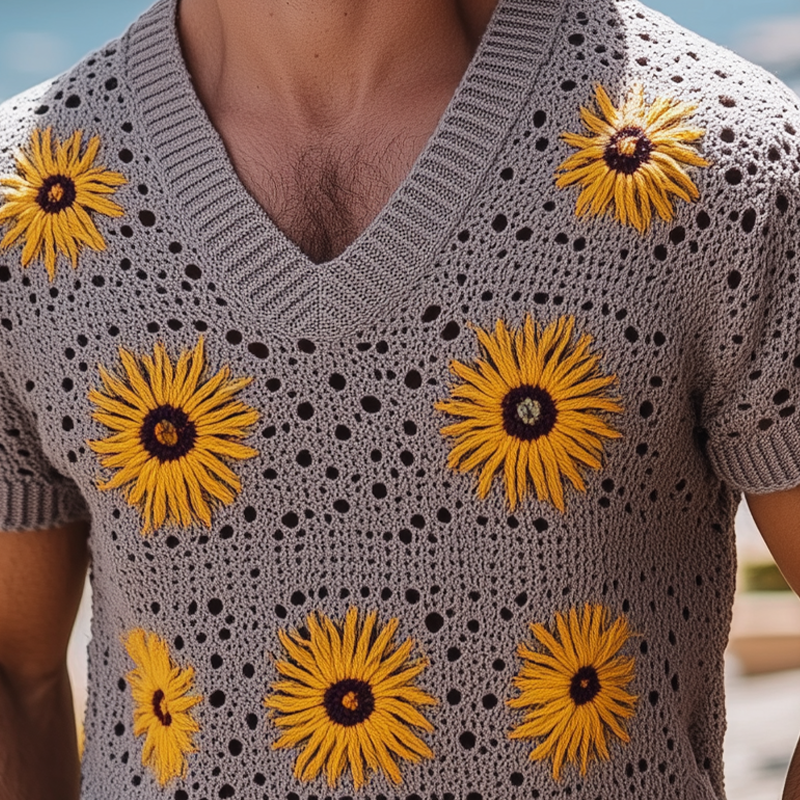 Herre Vår- og sommermote Fritidsstil Feriestil Strikket hul blomster V-hals Kortermet T-skjorte MTA2160F6K