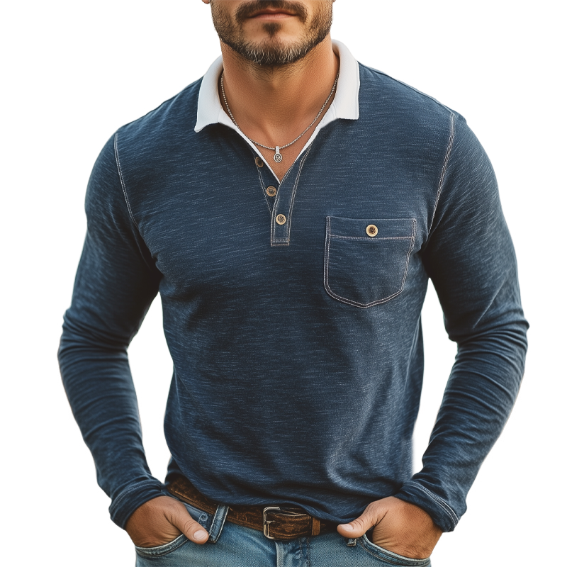 Men's Business Cotton Colorblock Collar Long Sleeve POLO Shirt MTA2504G3U