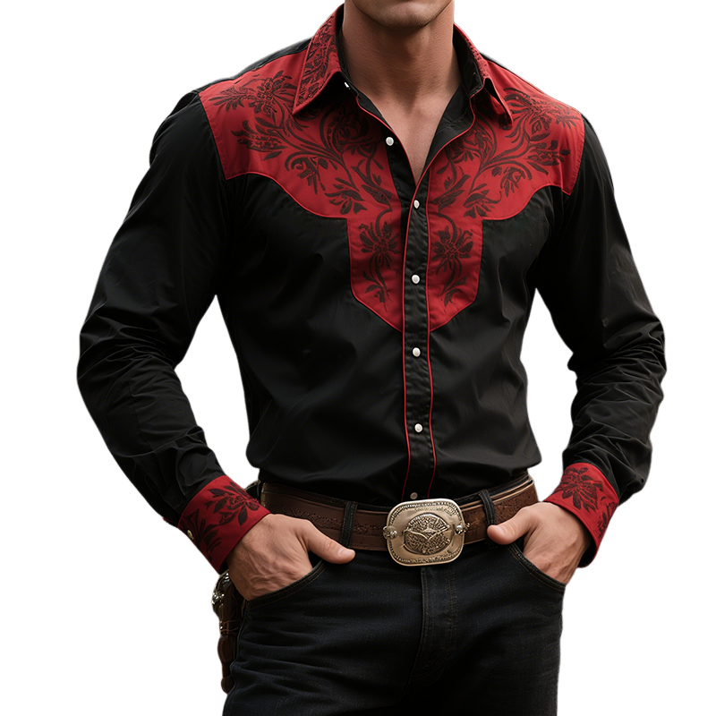 Men's Retro Casual Western Style Floral Print Lapel Long Sleeve Shirt MTA1400H1TO