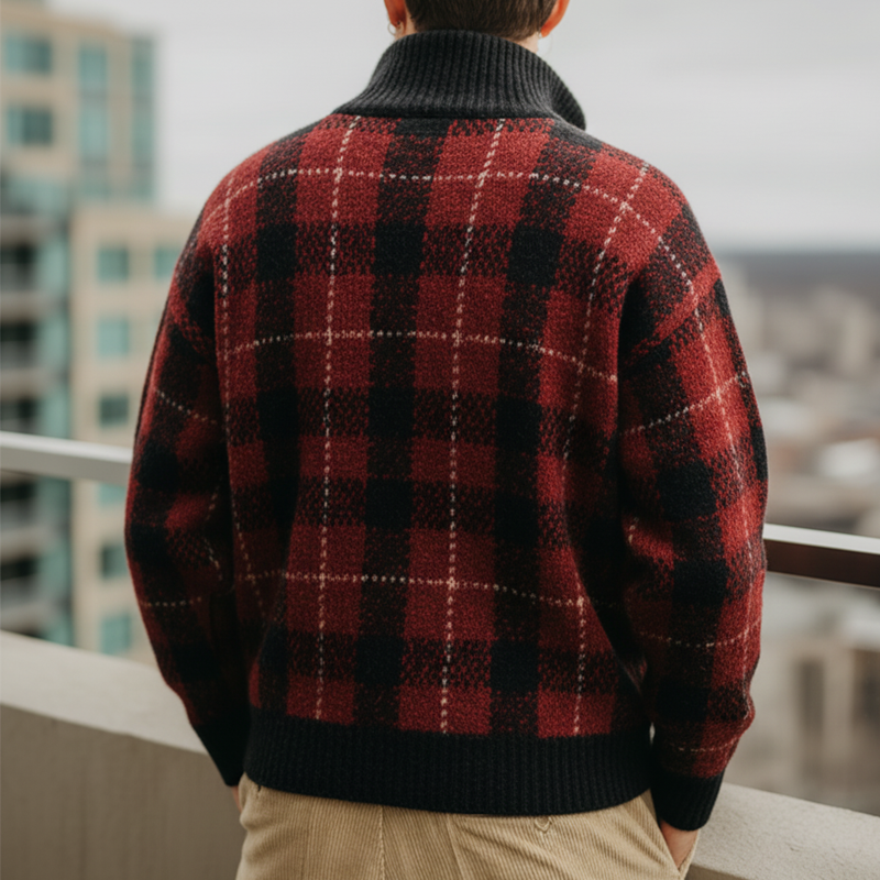Men's Retro Black And Red Plaid Stand Collar Knitted Sweater MTA1780J6U