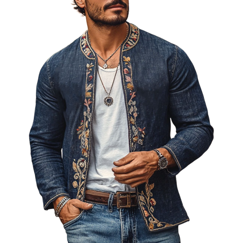 Vintage rundhalsbrodert slim denim cardigan for menn 44069257M