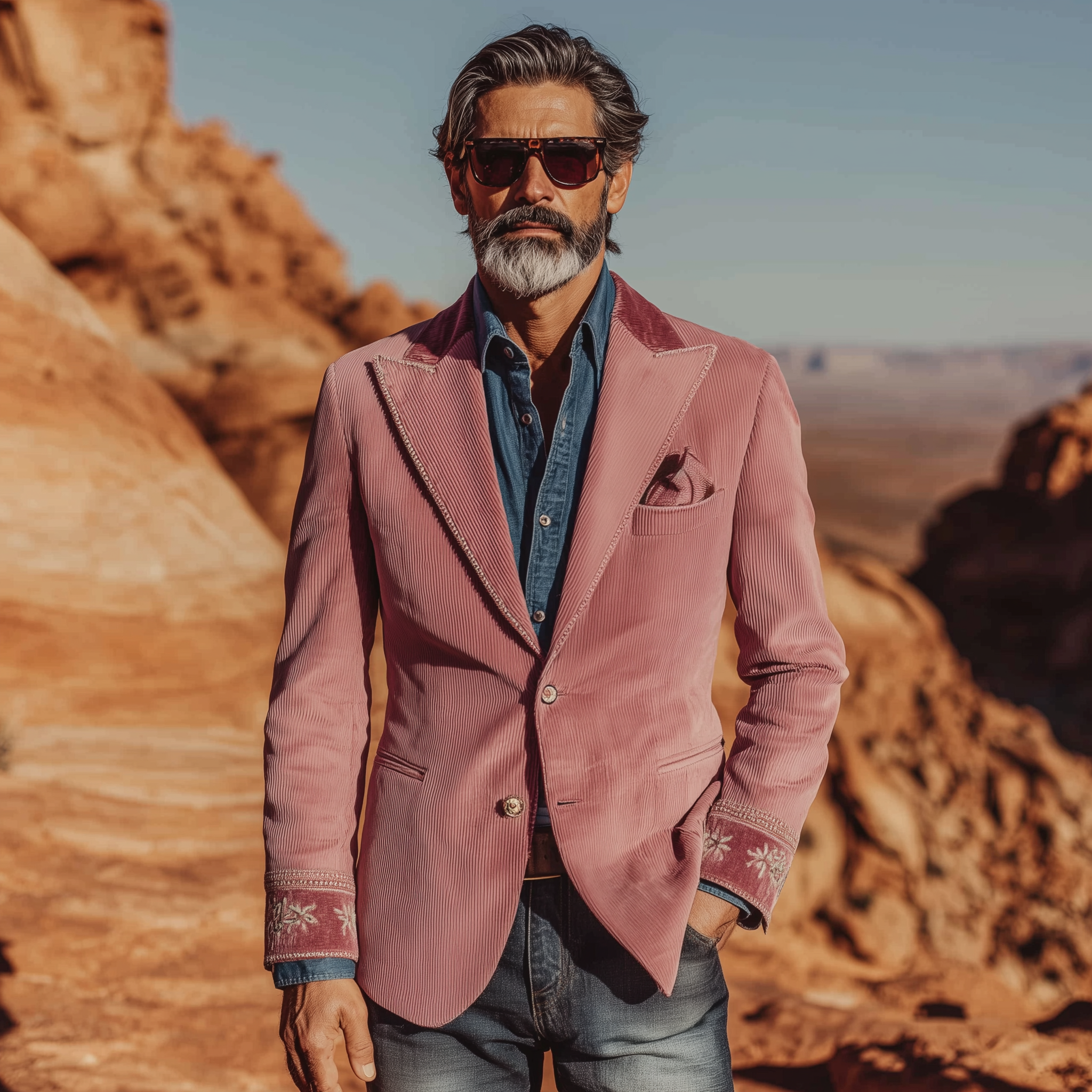 Men's Classic Retro Western Style Pink Corduroy Cuff Embroidered Single-breasted Slim-fit Blazer MTA2125H6K