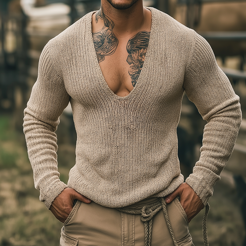 Men's Retro Casual V-Neck Knitted Long Sleeve T-Shirt MTA1962H7TO