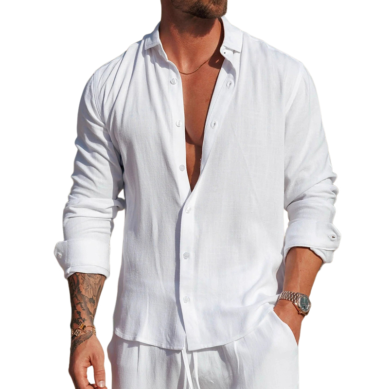 Men's Solid Color Cotton And Linen Lapel Long-sleeved Shirt MTA2982H3X