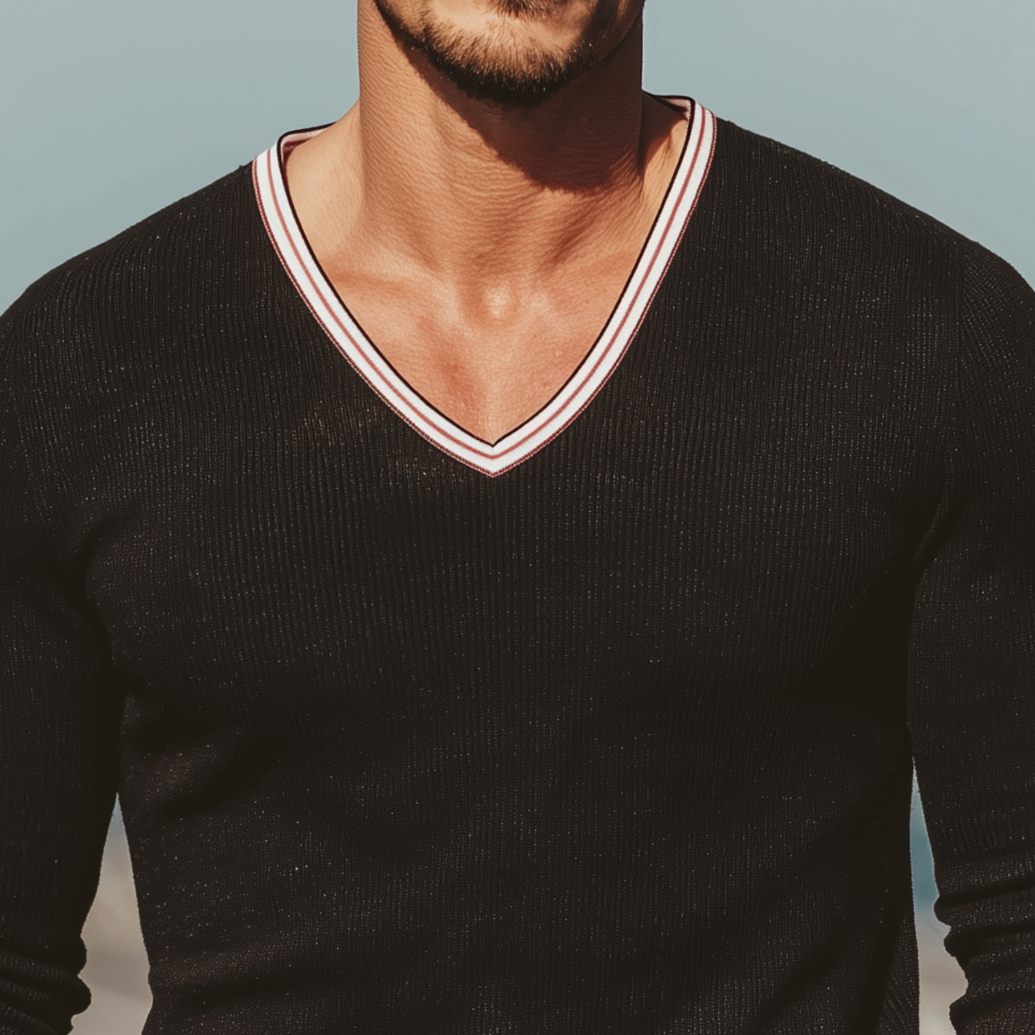 Men's Classic Casual Striped Stitching Colorful Ribbed Webbing V-neck Slim Long-sleeved T-shirt MTA2333G5K