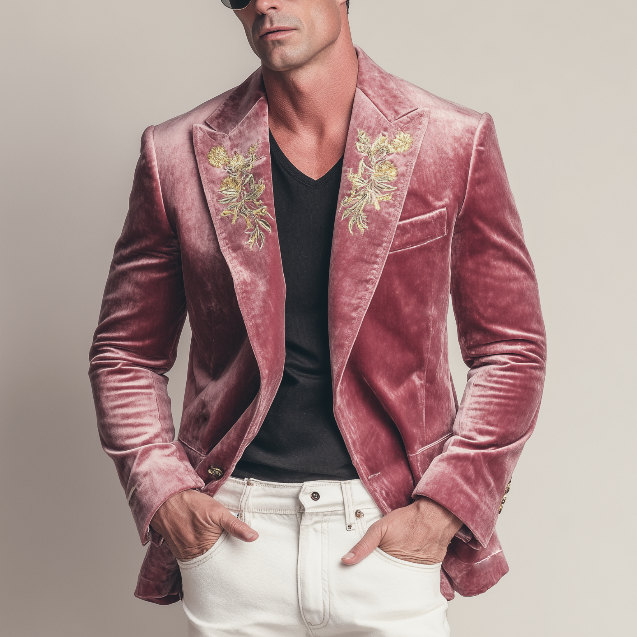 Men's Classic Formal Party Pink Velvet Embroidered Slim Fit Single-breasted Blazer MTA1544H4K