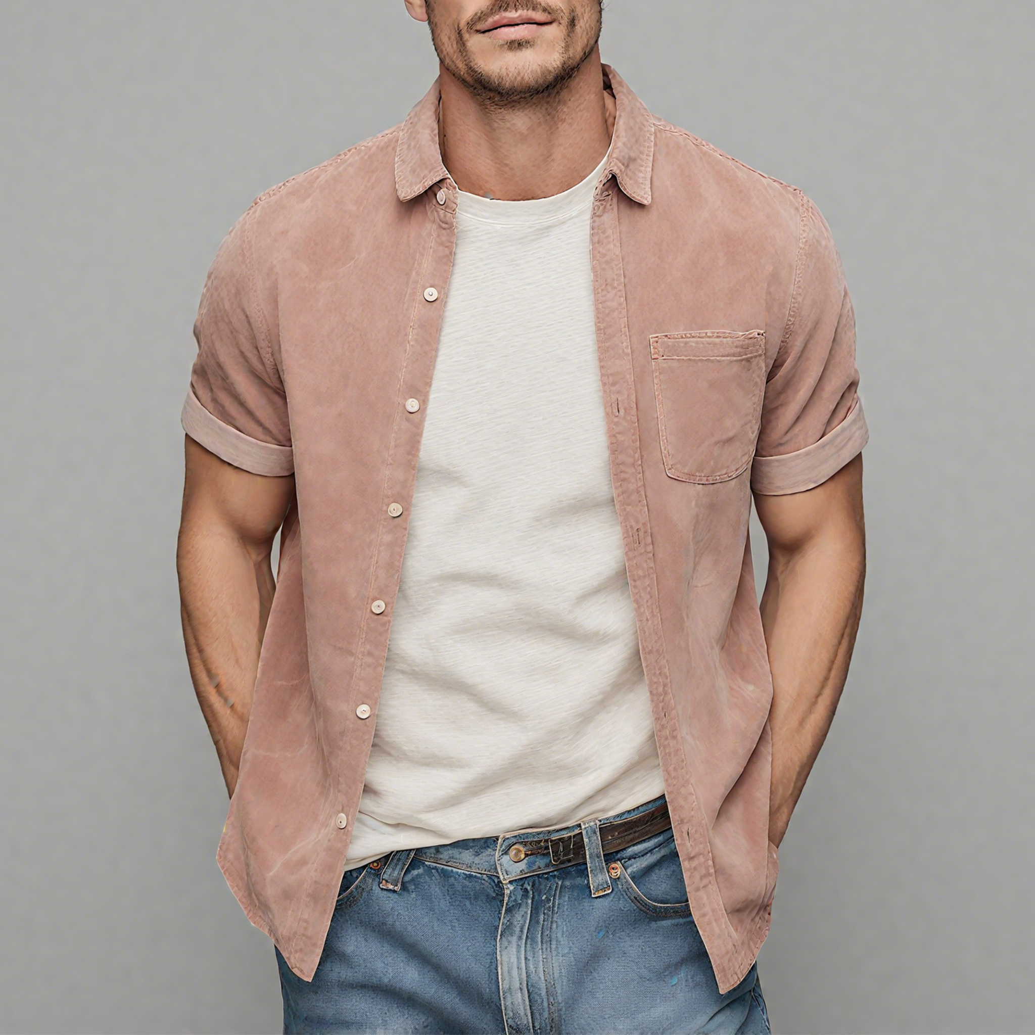 Men's Classic Casual Thin Suede Cuff Rolled Short Sleeve Shirt MTA1935G7K