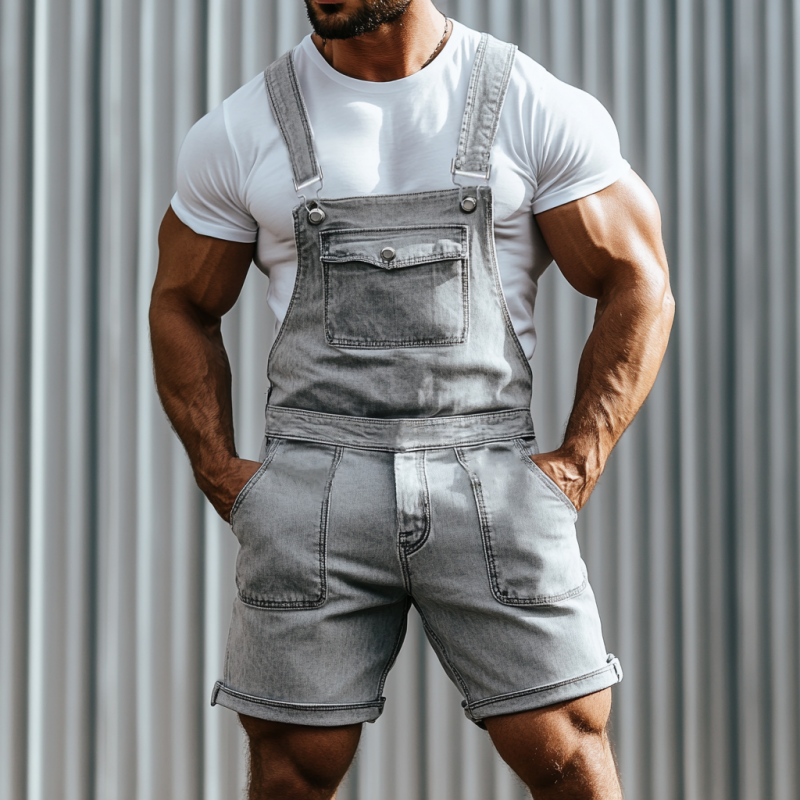 Men's Vintage Washed Distressed Multi-Pocket Denim Shorts Jumpsuit MTA2785E1M