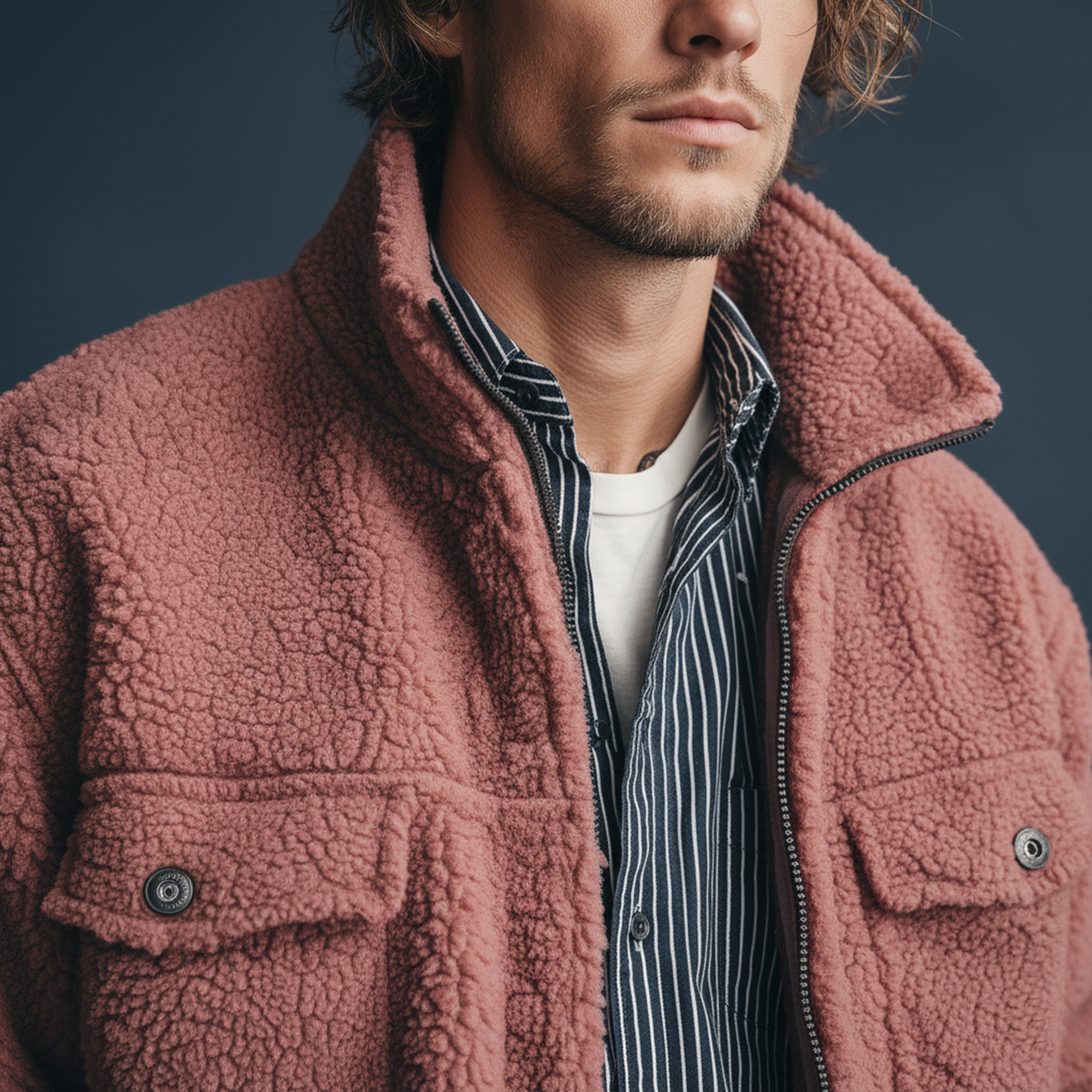 Men's Classic Casual Stand-up Collar Zipper Pink Teddy Fleece Jacket MTA2047J9K