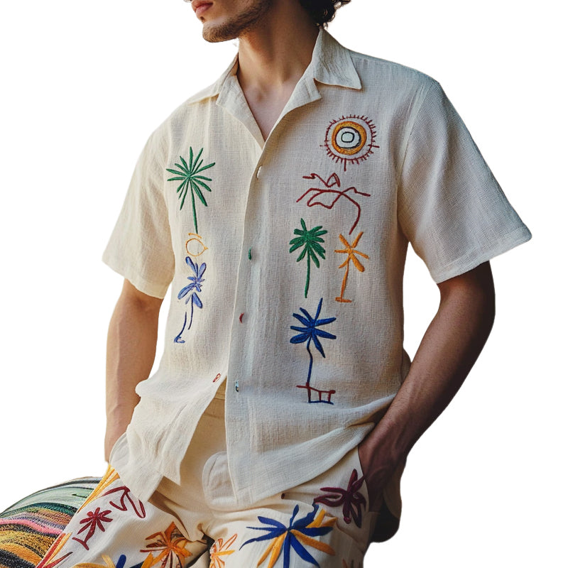 Men's Interesting Embroidered Cotton And Linen Short Sleeve Shirt MTA0312F4X