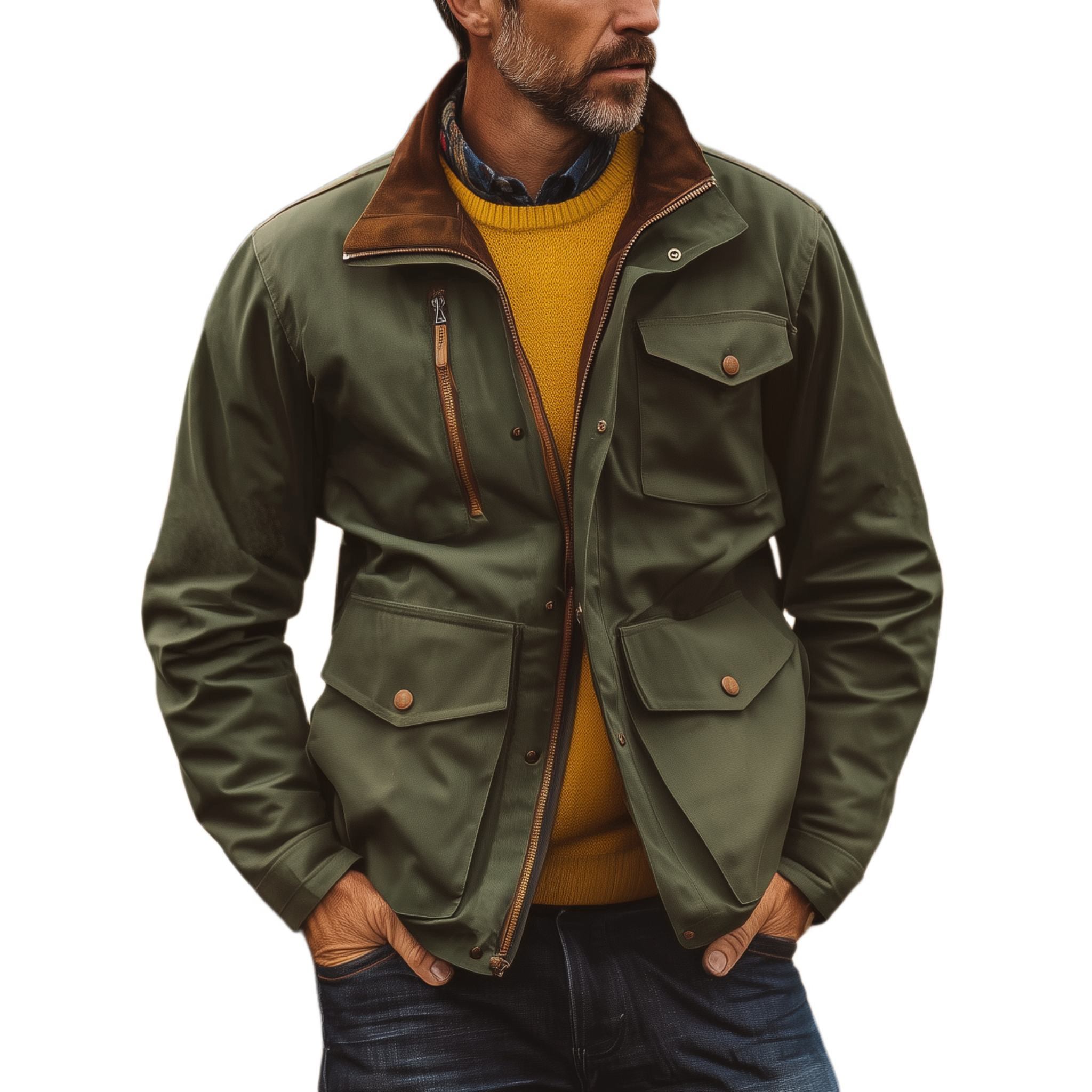Men's Classic Western Vintage Suede Collar Multi-Pocket Zipper Cotton Blend Jacket MTA0565I3K