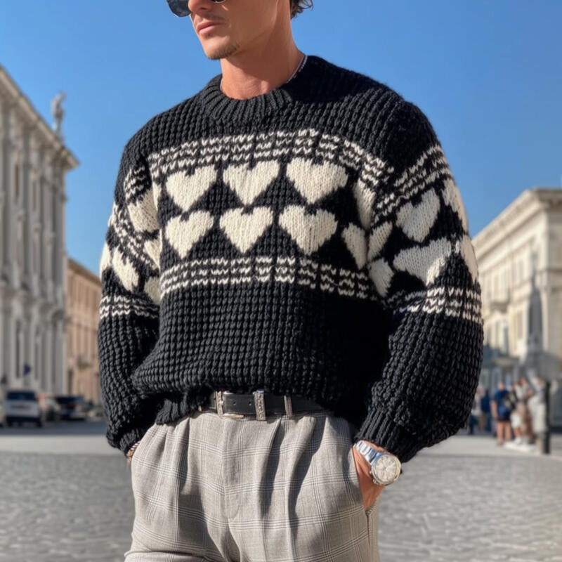 Men's Vintage Heart Jacquard Breathable Knitted Round Neck Loose Pullover Sweater MTA2844H8M