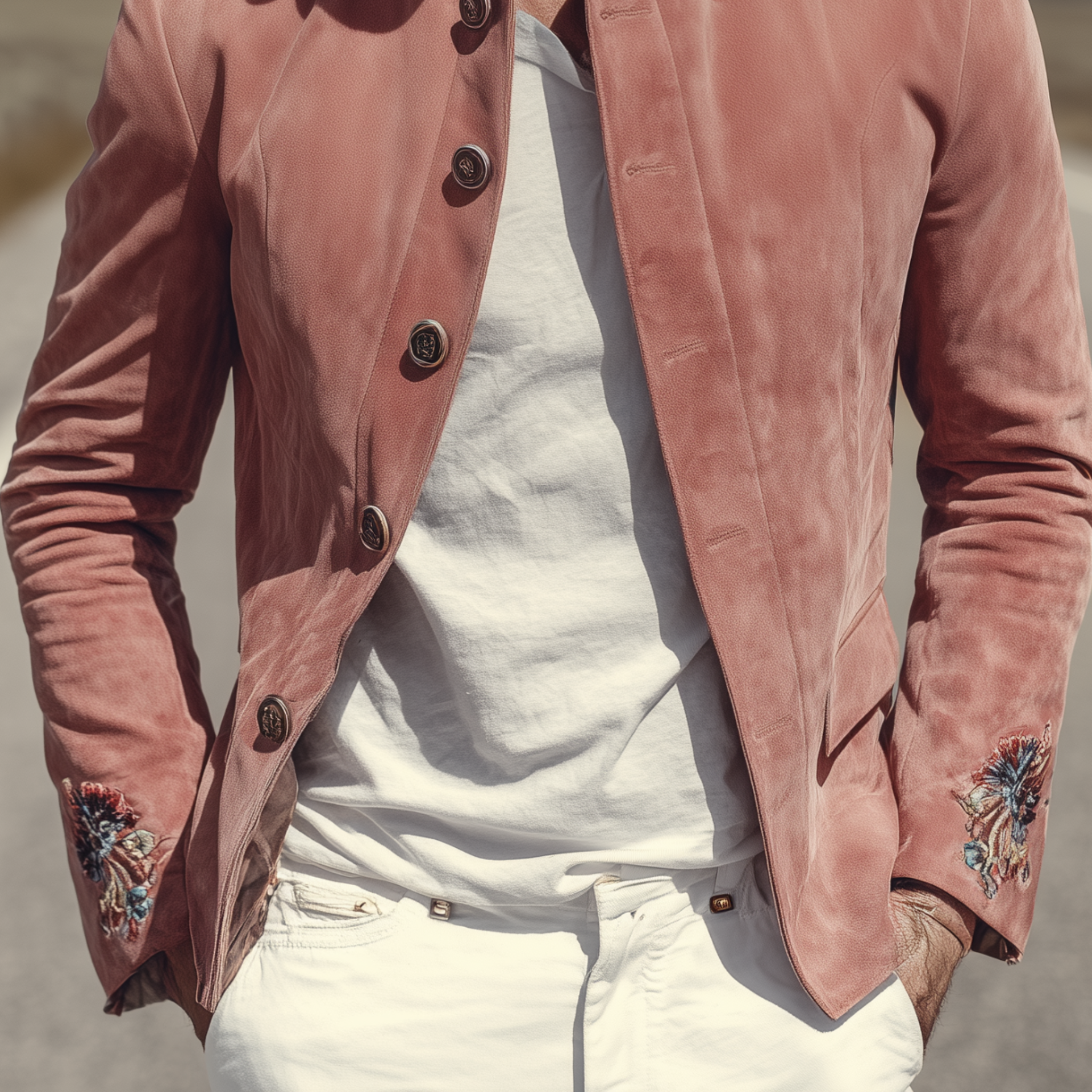 Men's Classic American Retro Western Style Stand Collar Embroidered Pink Suede Jacket MTA2015H1K