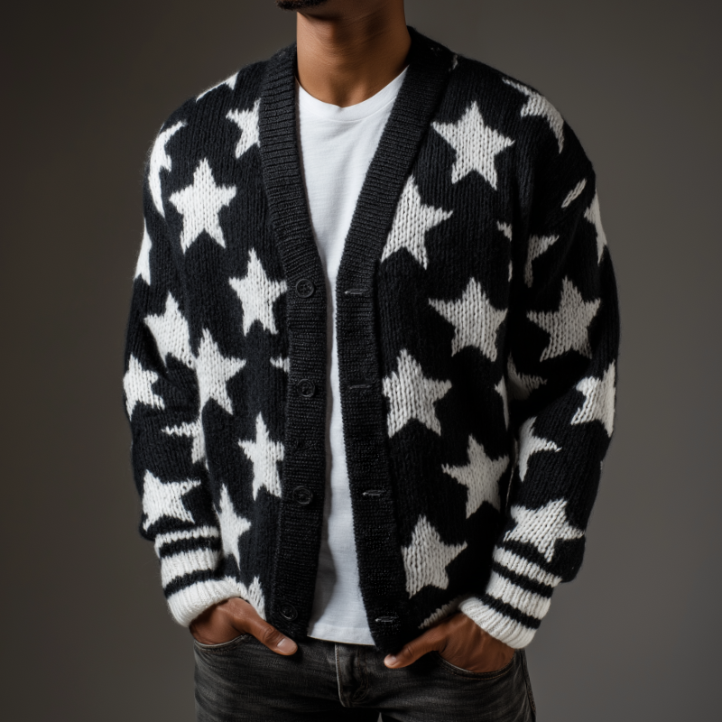Men's Retro Casual Star Colorblock Knit Cardigan MTA1314H1TO