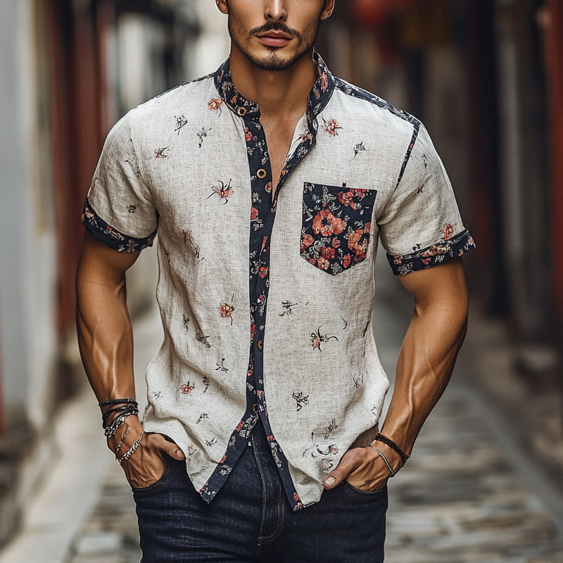 Men's Contrast Floral Print Short Sleeve Lapel Shirt MTA2717E7X