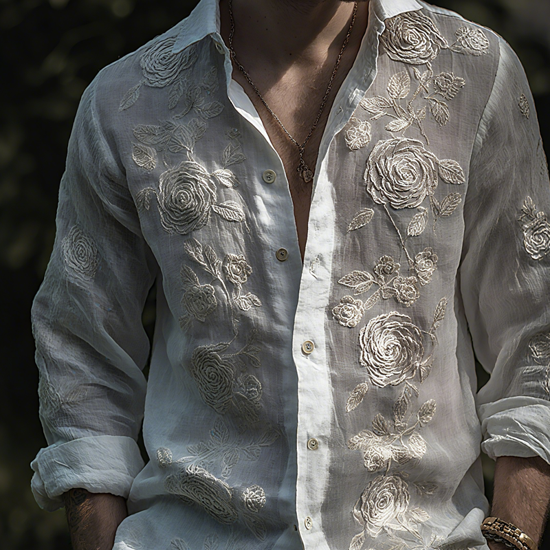 Men's White Rose Embroidered Lapel Long Sleeve Cotton And Linen Shirt MTA3112G1Z