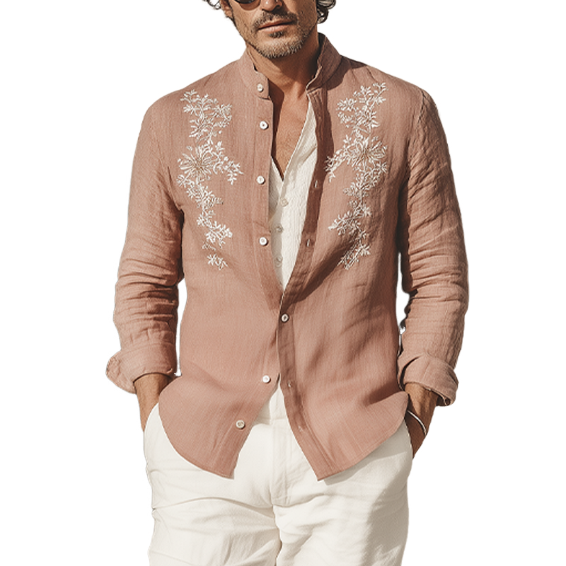 Men's Spring And Summer Retro Exquisite Embroidered Tencel Cotton Stand Collar Long Sleeve Shirt MTA1618G6K