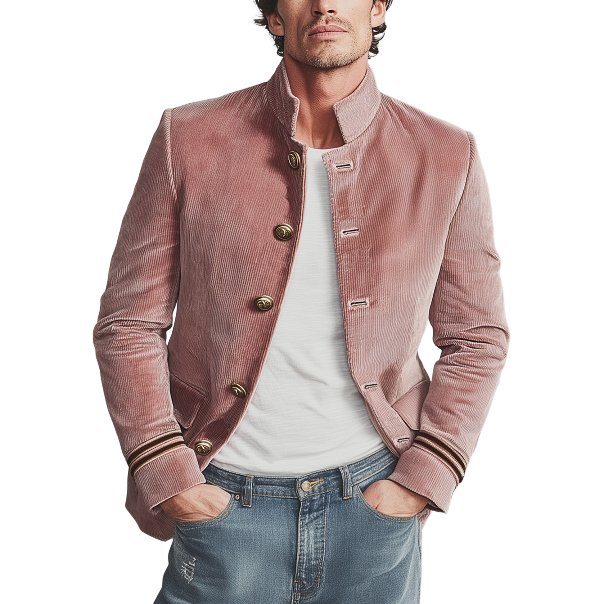 Men's Classic Vintage Stand Collar Single-Breasted Pink Corduroy Jacket MTA1081I8K