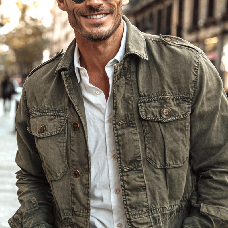 Men's Washed Distressed Military Style Lapel Multi-pocket Single Breasted Jacket MTA0547I1Z