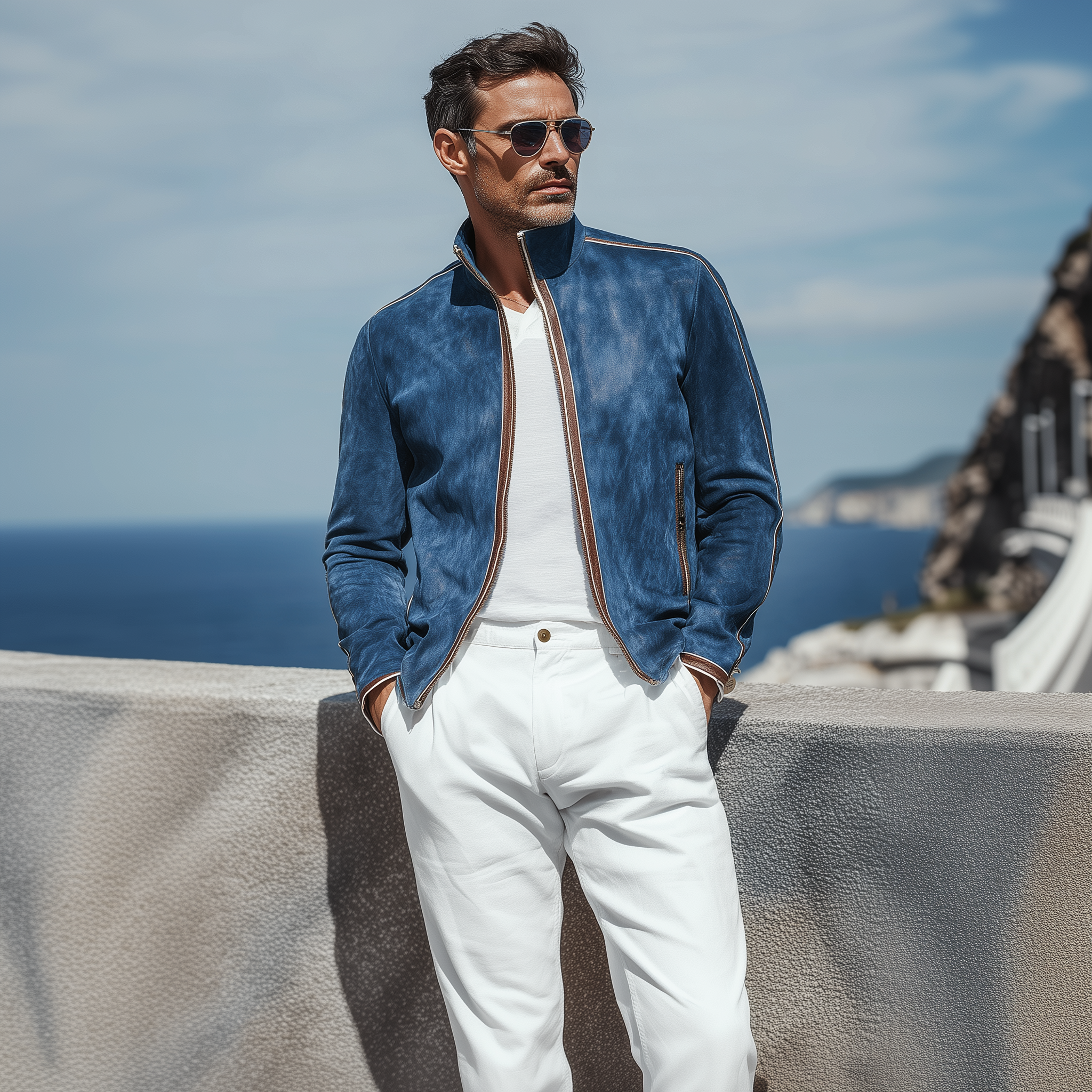 Men's Classic Casual Stand Collar Stitching PU Leather Zipper Suede Jacket MTA1400H0K