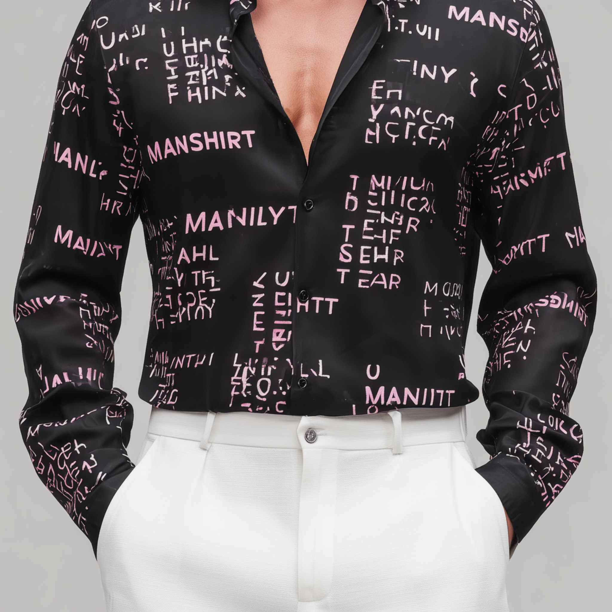 Men's Fashion Casual Satin Irregular Letter Printed Long Sleeve Shirt MTA2549G6K