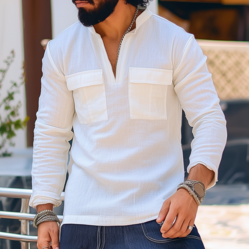 Men's Casual Cotton Solid Color V-Neck Chest Pocket Pullover Slim Fit Long Sleeve Shirt MTA1421G0M