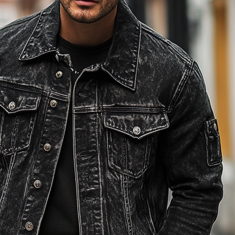Men's Vintage Washed Distressed Lapel Denim Jacket MTA2523H4X