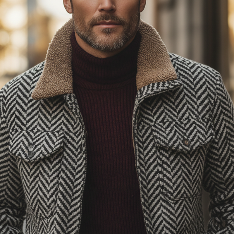 Men's Retro Herringbone Faux Wool Fleece Patchwork Jacket MTA0336K1P