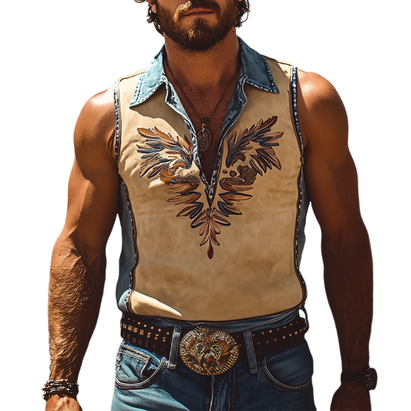 Men's Summer Fashion Retro Western Cowboy Style Denim Stitching Suede Embroidered Tank Top MTA2897D8K