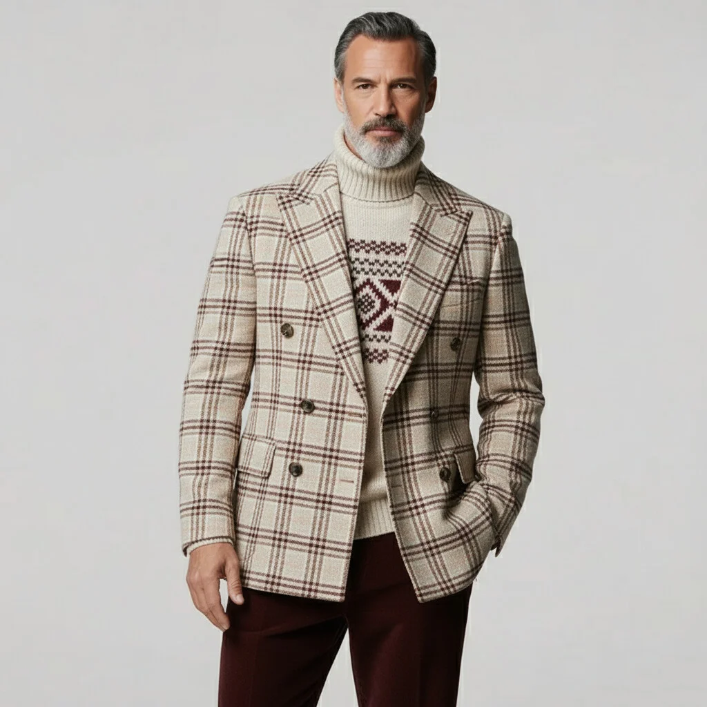 Men's Classic Casual Plaid Faux Wool Double-breasted Blazer  MTA1975I5K