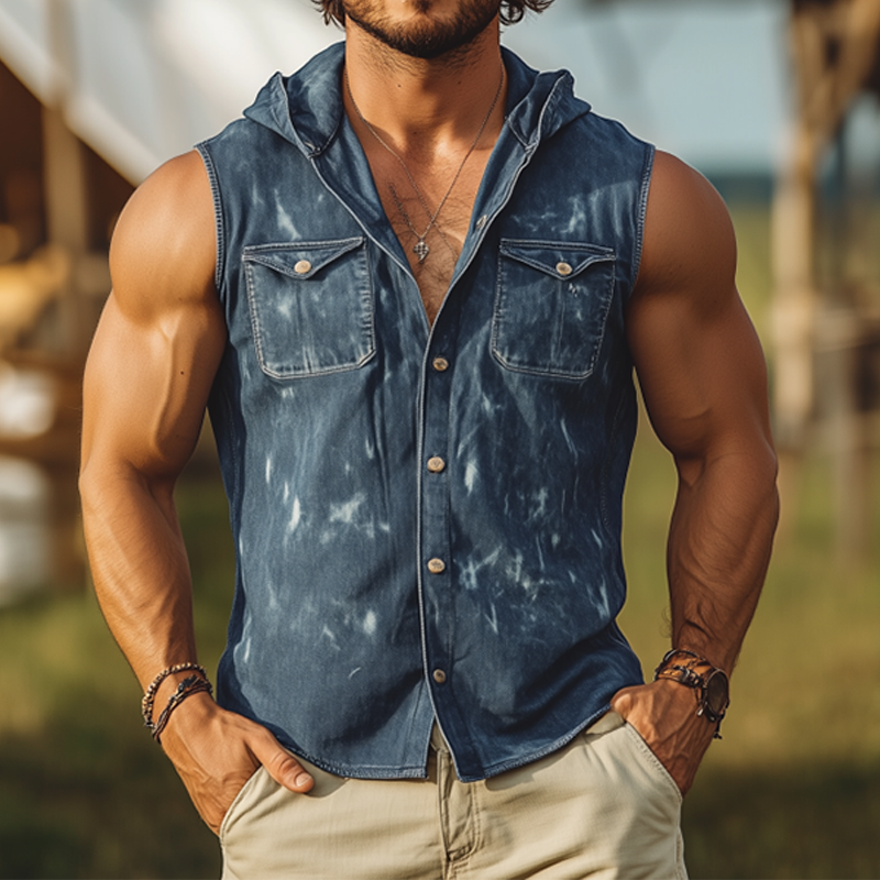Men's Spring And Summer Fashion Casual Washed Denim Distressed Hooded Sleeveless Shirt MTA2447F9K