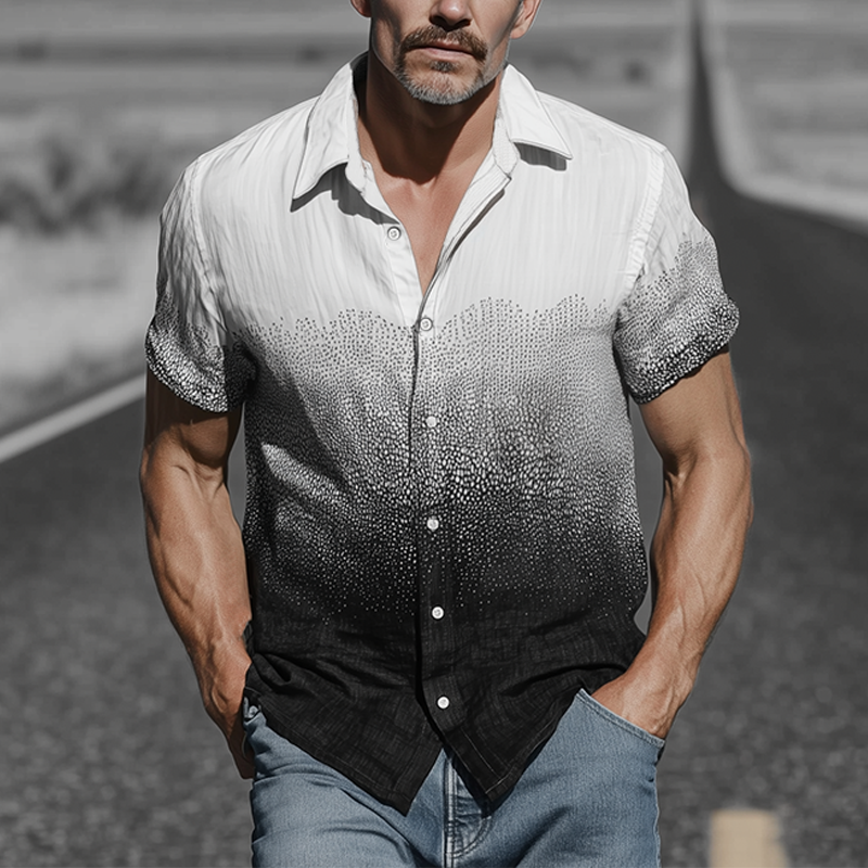 Men's Spring And Summer Fashion Casual Cotton Blended Art Print Gradient Short Sleeve Shirt MTA0819G3K