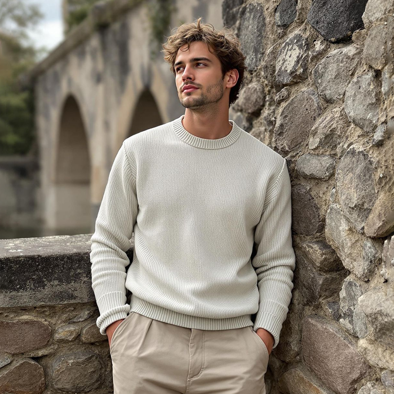 Men's Solid Color Round Neck Long Sleeve Sweater MTA1112I3Z