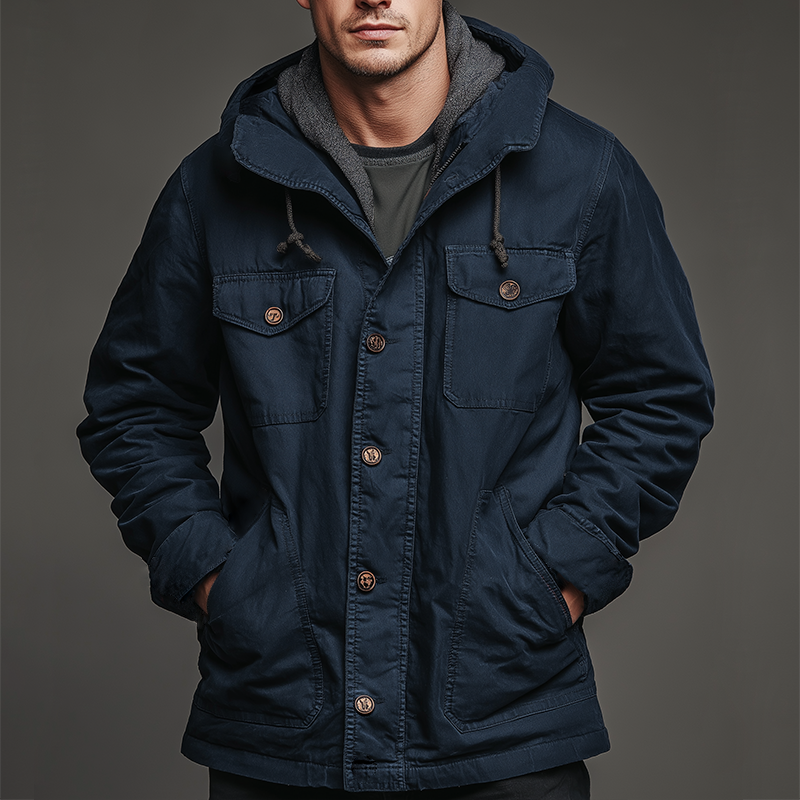 Men's Retro Casual Cotton Washed Hooded Multi-Pocket Zipper Jacket MTA2463K5TO