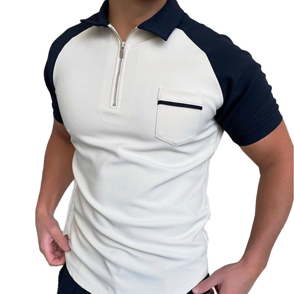 Men's Casual Color Contrasting Lapel Zipper Polo Shirt 52357934M