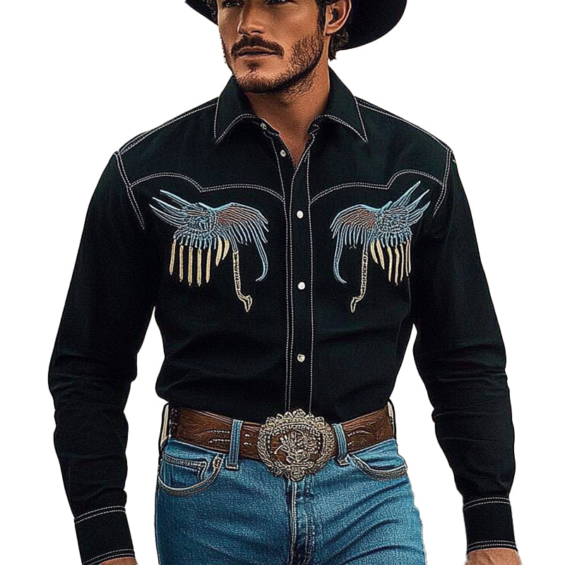 Men's Embroidered Western Cowboy Style Long Sleeve Shirt 26642225X